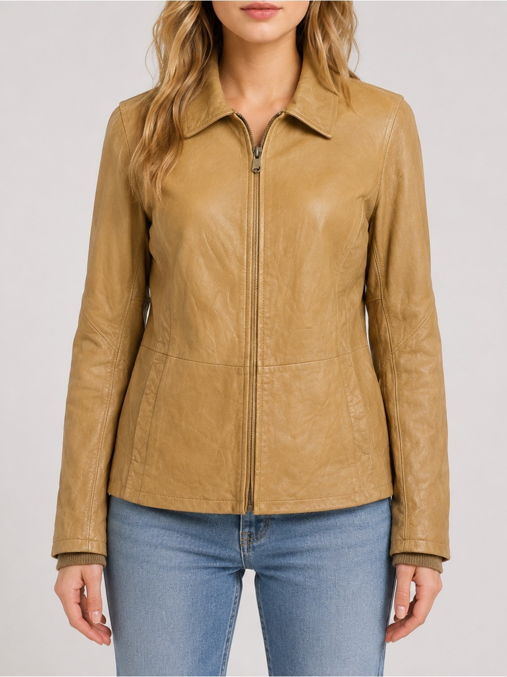 Vintage Columbia Sportswear Womens S Tan 100% Leather Jacket Y2K Zip Pockets